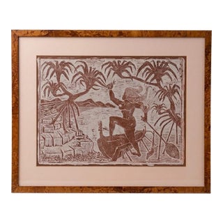 Vintage Pacific Islander Canoe Woodcut Print Framed 23.5x19.25 For Sale