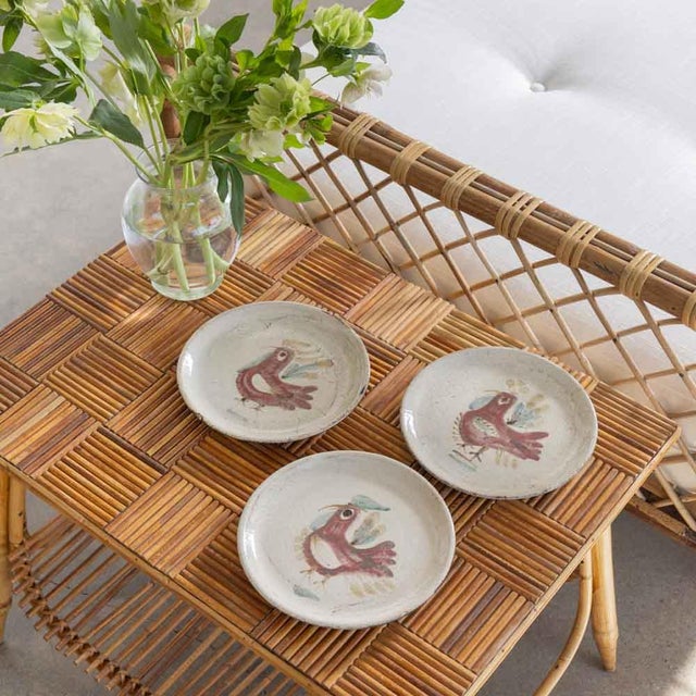 Lovely vintage 1960s French ceramic plate made by artist Gustave Reynaud. Ceramic with hand painted rooster motif in red...