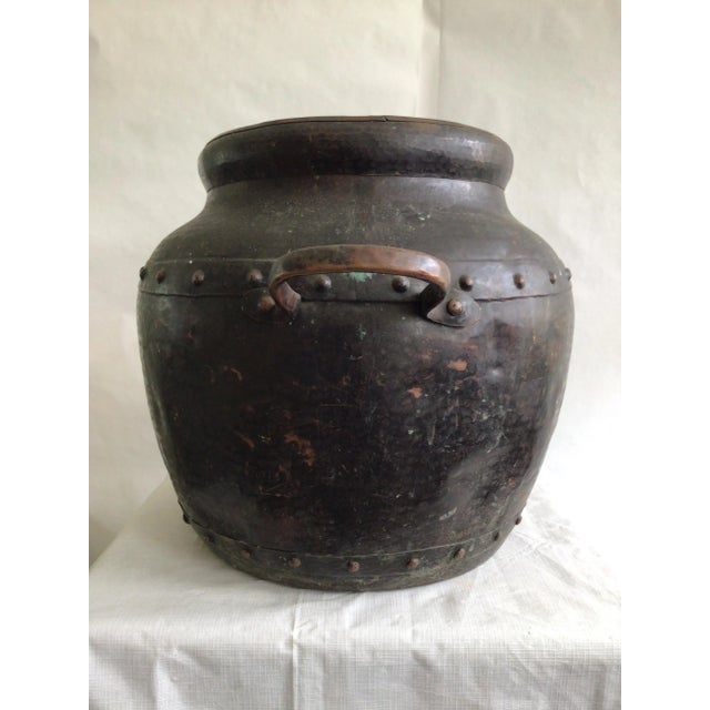 Metal 1940s Hand Hammered Studded Patinated Copper Pot With Handles For Sale - Image 7 of 12