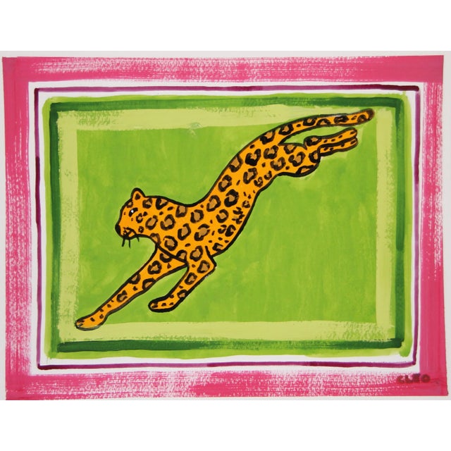 2020s Orange Leopard Folk Art Americana Green Border Expressionist Original Painting by Cleo Plowden For Sale - Image 5 of 6