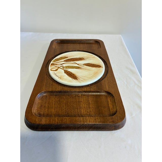 Vintage Goodwood Teak and Ceramic Tile Serving Tray, Wheat Motif, Japan For Sale - Image 9 of 10