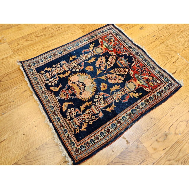 Vintage Persian Kashan Pictorial Rug, Hand-Knotted Wool, Floral Vase Pattern, Navy & Red, 2x2 For Sale - Image 4 of 15