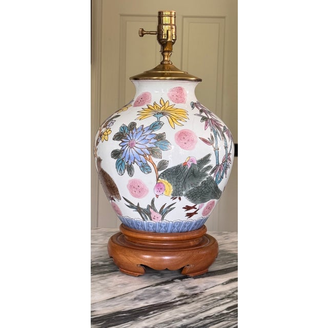 Ceramic Vintage Chinoiserie Lamp in Botanical & Bird Motifs Attributed to Frederick Cooper For Sale - Image 7 of 18