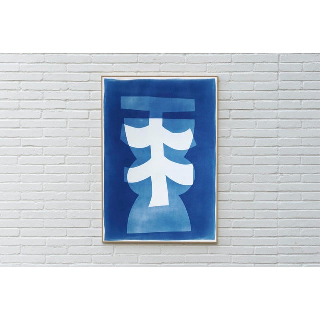 2020s 2025, Asian Totem, Geometric Figures Token in Blue and White, Handmade Cyanotype Monotype on Watercolor Paper by Kind of Cyan For Sale - Image 5 of 8