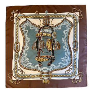 Hermes Bride De Cour 1987 Silk Scarf “Francoise De La Perriere” Brown And Blue