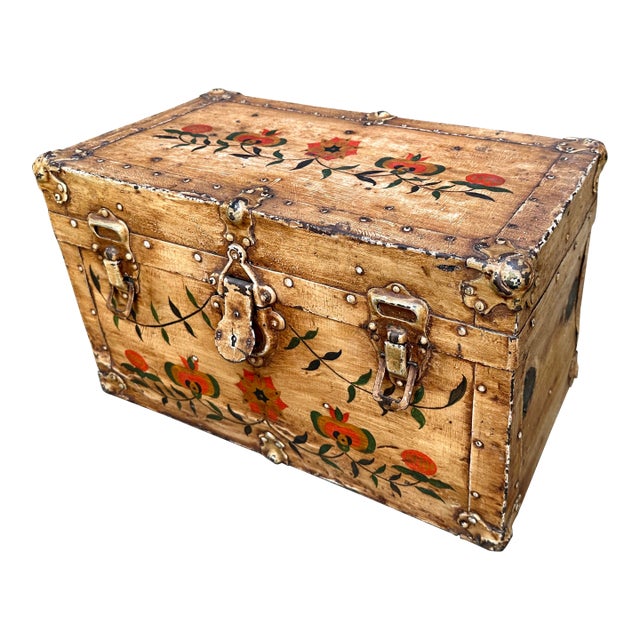 19th C Antique Swedish Folk Painted Chest Trunk For Sale