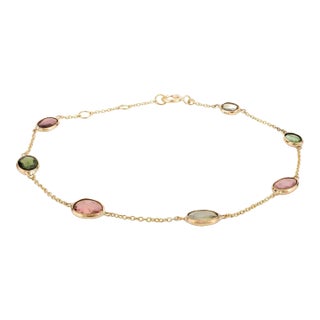 Multi Tourmaline Station Chain Bracelet Handcrafted in 18k Yellow Gold For Sale