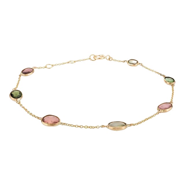 Multi Tourmaline Station Chain Bracelet Handcrafted in 18k Yellow Gold For Sale