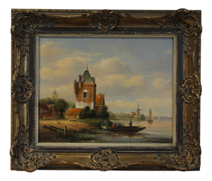 Anton Herkelman, Dutch Village with Boats, 20th Century, Oil on Wood, Framed