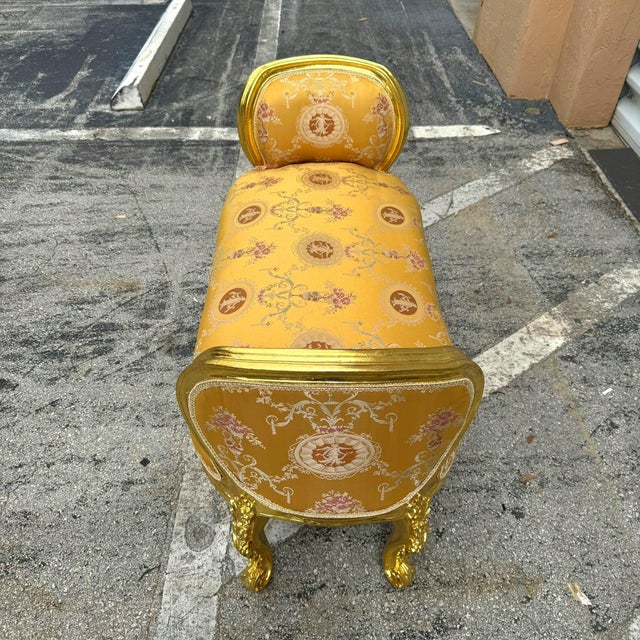 French Style Yellow Damask Gold Details Marquis Bench For Sale In Miami - Image 6 of 8