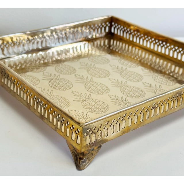 Metal Vintage Mottahedeh Etched Brass Pineapple Motif Tray For Sale - Image 7 of 9