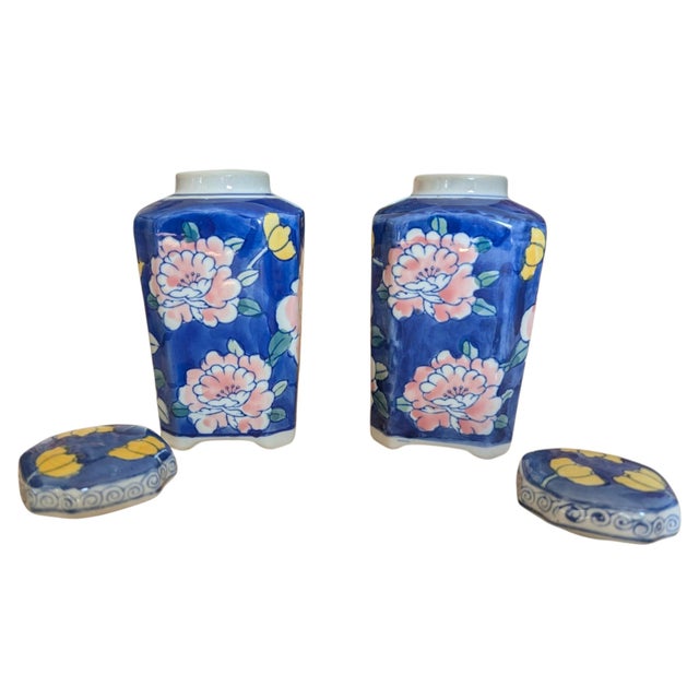 Ceramic Vintage Chinoiserie Blue and Pink Floral Ceramic Jars- A Pair For Sale - Image 7 of 10