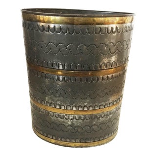 Vintage Mexican Mid Century Modern Tin and Brass Trash Can For Sale