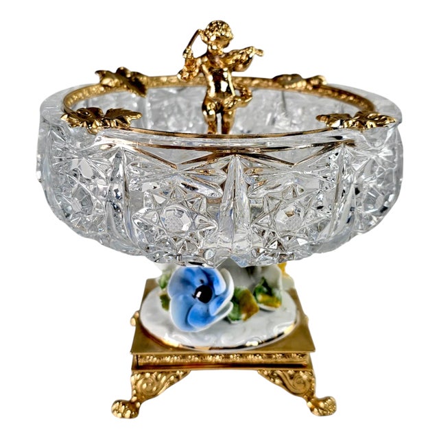 Baroque Regency Crystal & Gilded Metal Pedestal Ashtray – Cherub & Porcelain Flowers For Sale