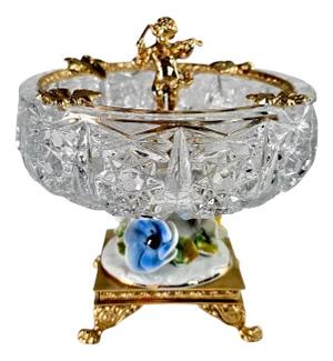 Baroque Regency Crystal & Gilded Metal Pedestal Ashtray – Cherub & Porcelain Flowers