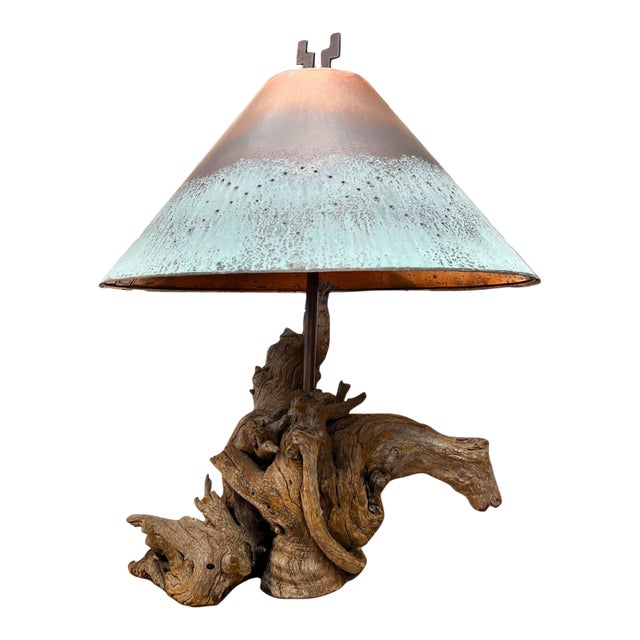 1980s Handcrafted Copper and Sonoran Desert Velvet Mesquite Wood Table Lamp - Organic Modern For Sale