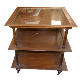 1960s Barbara Baker Style 3 Tier Square Wood & Glass Top Table W/ Columns & on Castors For Sale