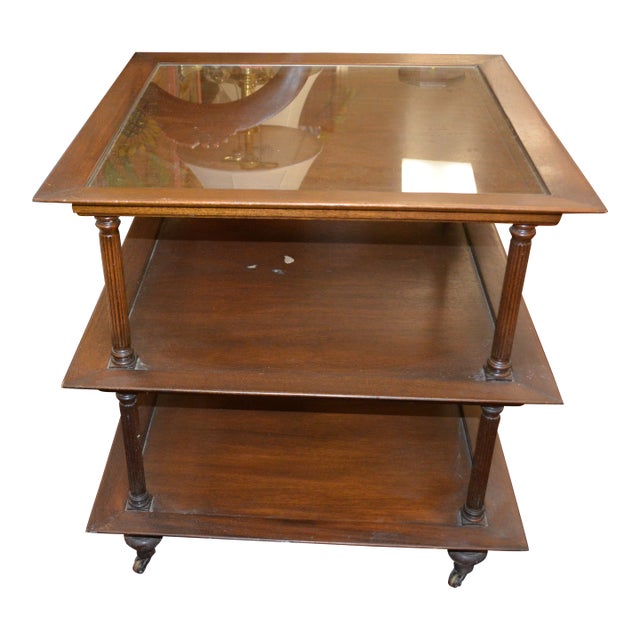 1960s Barbara Baker Style 3 Tier Square Wood & Glass Top Table W/ Columns & on Castors For Sale
