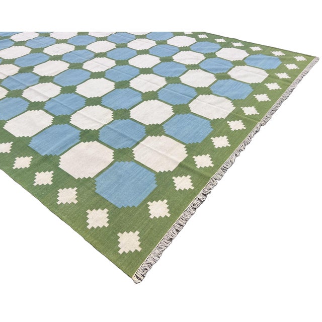 Not Yet Made - Made To Order Handmade Woolen Rug, Sky Blue With Cream and Moss Green Border Tile Dhurrie - 8'x10' For Sale - Image 5 of 11