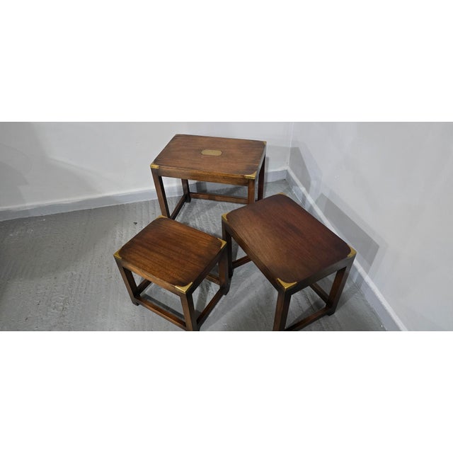 Brown Campaign Mahogany Nesting Tables, 1920s, Set of 3 For Sale - Image 8 of 9