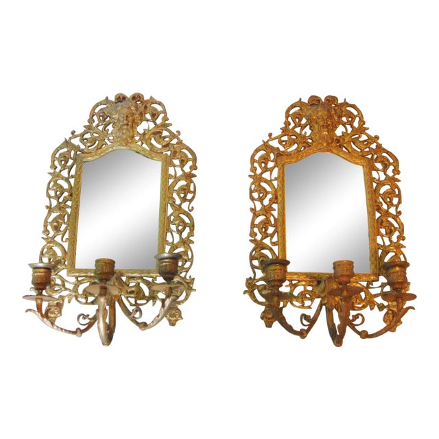 Victorian Gilt Bronze Mirrored Candle Wall Sconces - a Pair For Sale