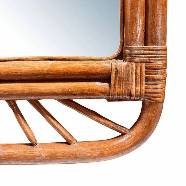 1950s Restored Single-Strand Rounded Rattan Wall Mirror With Stick Reed Rattan For Sale In Los Angeles - Image 6 of 6