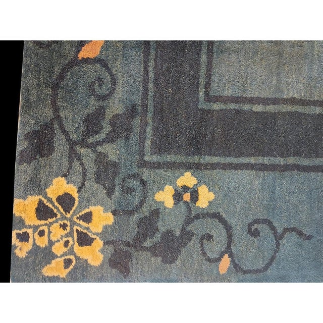 1930s Blue Solid Shou Symbols Floral Antique Chinese Peking Knotted Wool Rug For Sale In New York - Image 6 of 10