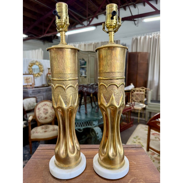 Art Deco Early 20th Century French Wwi Trench Art Brass Artillery Shell Lamps With Italian Marble Bases - a Pair For Sale - Image 3 of 4