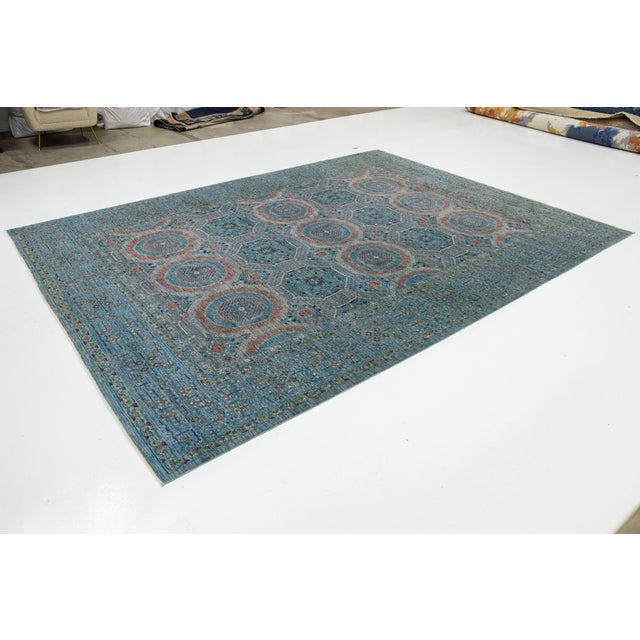 Blue Modern Mamluk Wool Rug With Geometric Design For Sale - Image 4 of 9
