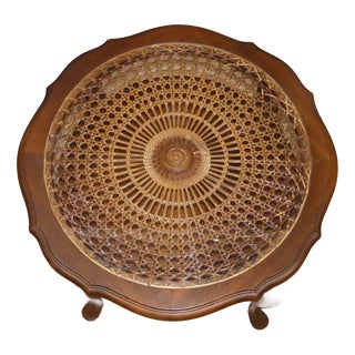 Chippendale Round Side Table with Shelf Wicker and Glass by Ilse Möbel, 1960s For Sale