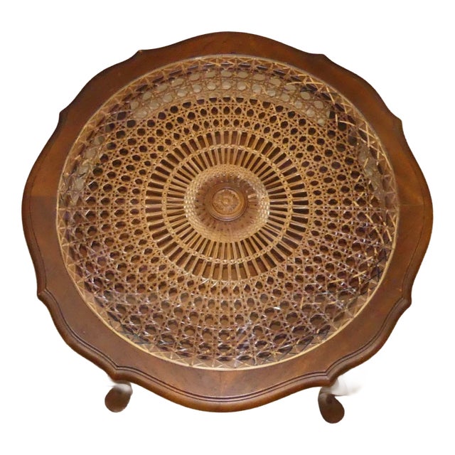 Chippendale Round Side Table with Shelf Wicker and Glass by Ilse Möbel, 1960s For Sale