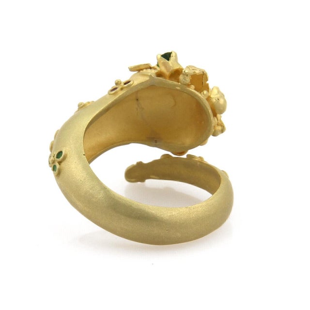 Diamond Ruby Emerald 18k Yellow Gold Enamel Snake Bypass Ring - Size 7 For Sale - Image 4 of 6