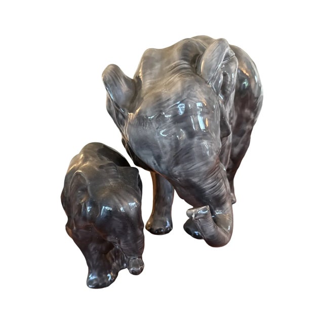 Gray Large Mid-20th Century Japanese Ceramic Elephant Pair – Mother and Calf in Gray Glaze For Sale - Image 8 of 15