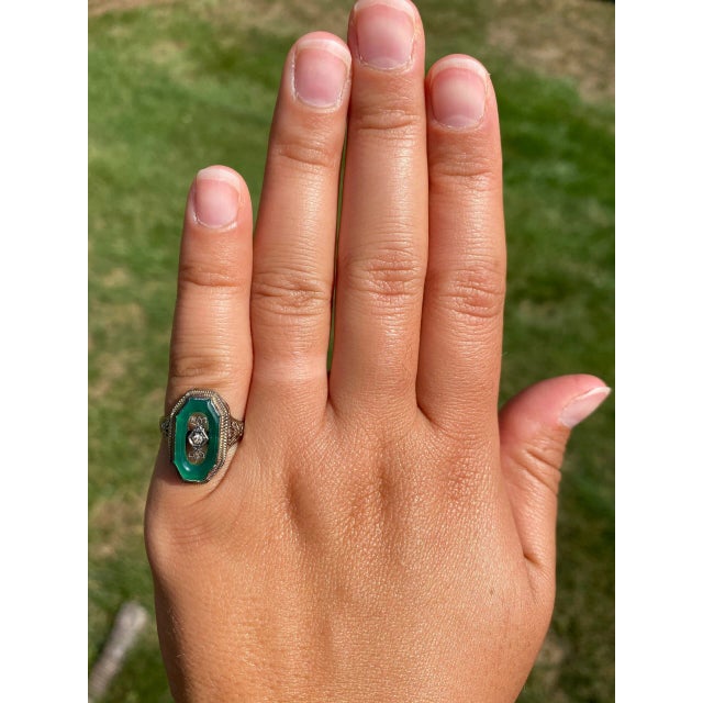 The Estelle Avenue: Antique Filigree Cocktail Ring set with Chalcedony and Diamond, Size 5.75 For Sale - Image 10 of 11