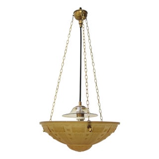 French Art Deco Brass and Etched Ochre Glass Pendant Light, 1920s For Sale