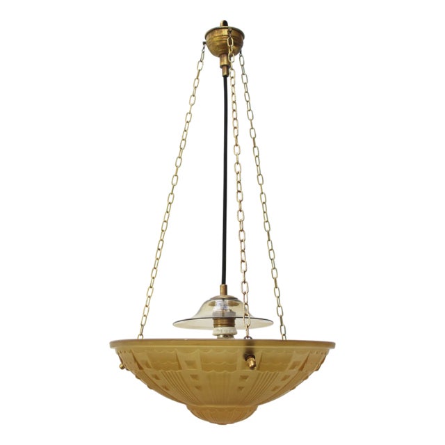 French Art Deco Brass and Etched Ochre Glass Pendant Light, 1920s For Sale
