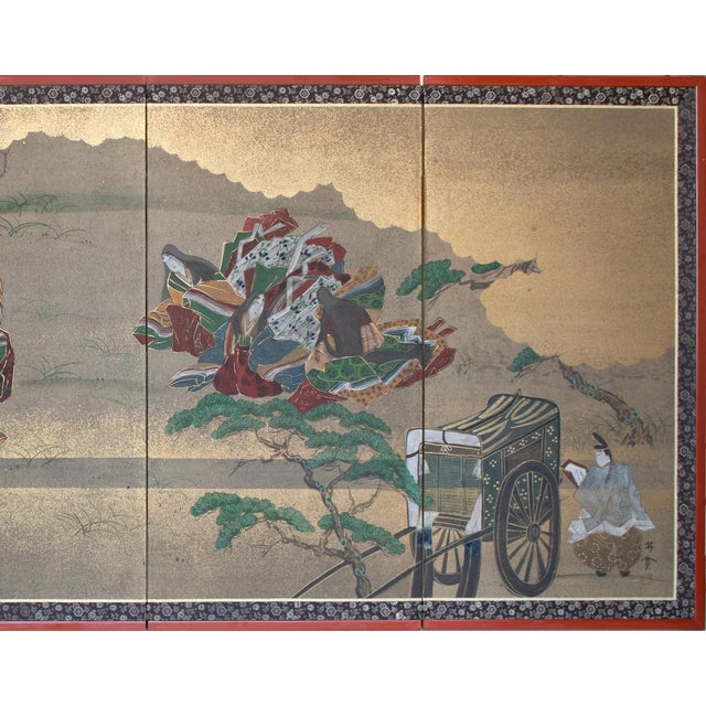 Japanese "Dancing Kimono Beauties", C. 1960s Shōwa Era Yamato-E Style Painted Byobu Screen For Sale - Image 3 of 18
