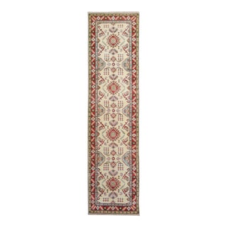 1990s Shabby Chic Kazak Ivory Red Wool Rug - 2'8" X 9'8" For Sale