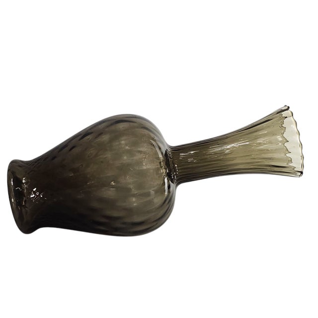 Contemporary Vintage Italian Empoli Style Optic Swirl Vase – 13.75” Smoke Quilted Art Glass For Sale - Image 3 of 7