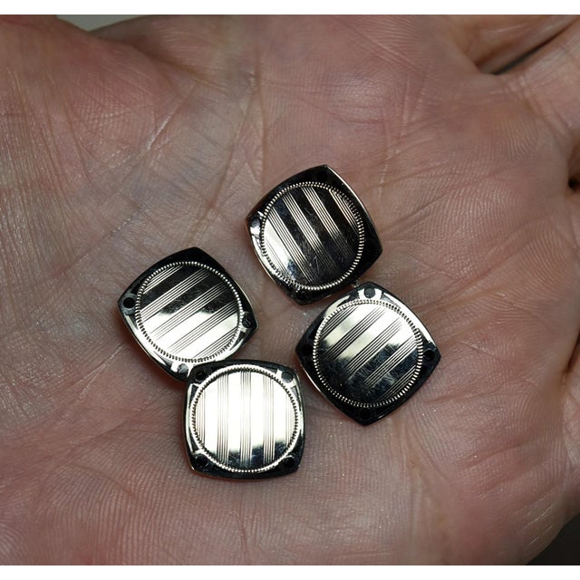 Metal Art Deco 14k White Gold Black Enamel Double Sided Textured Cufflinks With Antique Box For Sale - Image 7 of 18