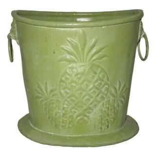 Vintage Regency Green Metal Wastebasket Pineapple Design With Lion Head Handles For Sale
