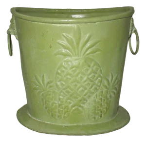 Vintage Regency Green Metal Wastebasket Pineapple Design With Lion Head Handles