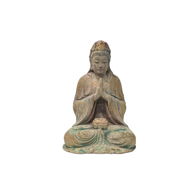 1990s Fade Color Rustic Wood Sitting Bodhisattva Buddha Statue For Sale - Image 5 of 6