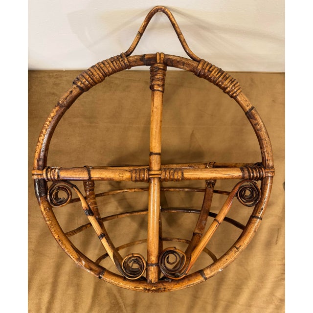 Vintage Boho Chic Bamboo & Rattan Round Wall Pocket For Sale - Image 12 of 12