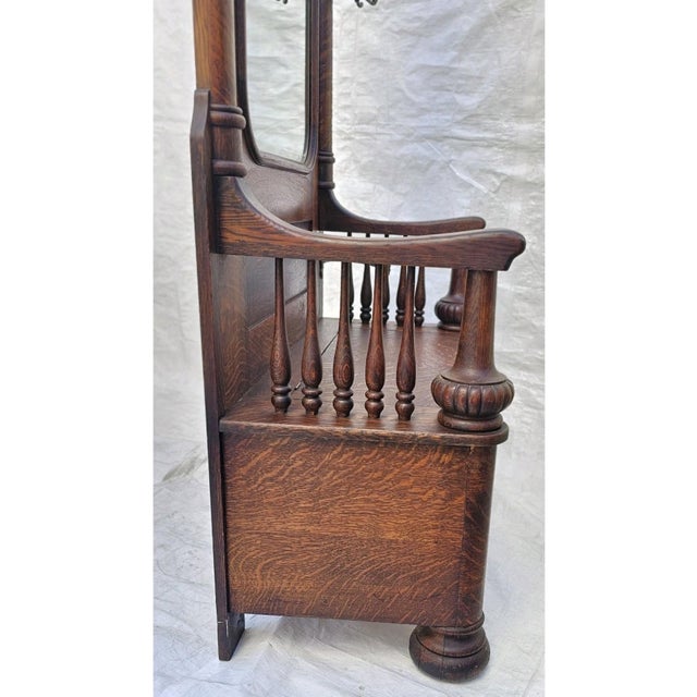 Monumental Antique American Tiger Oak Hall Tree With Mirror & Lift-Top Seat, C. 1890s For Sale - Image 10 of 18