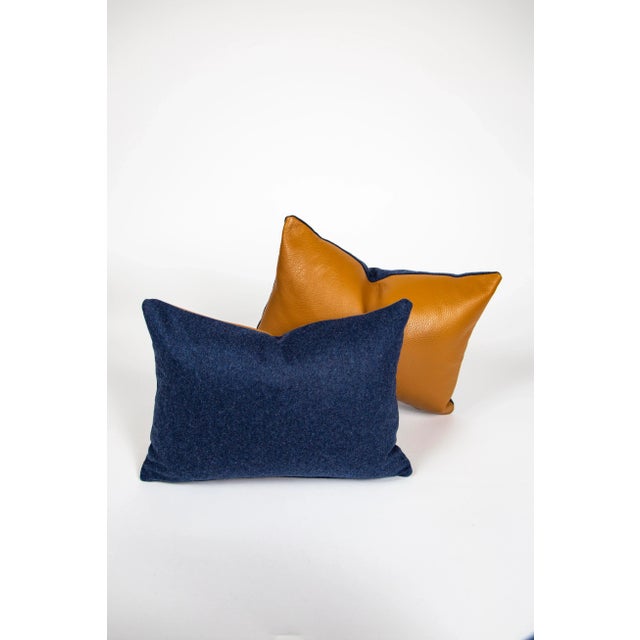 2020s Brown Leather + Blue Felt Pillow For Sale - Image 5 of 7