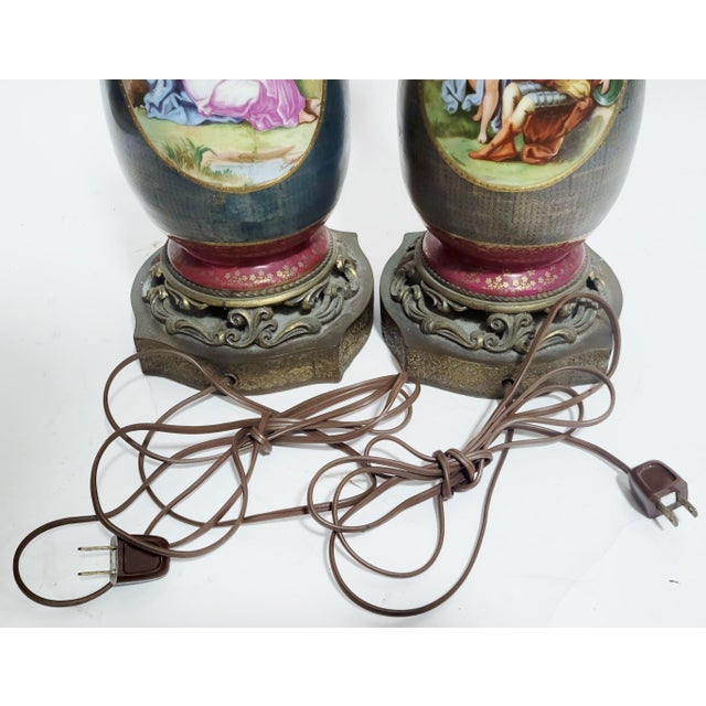 Pair Antique Austrian Royal Vienna Porcelain Vase Lamps by Kaufmann For Sale - Image 11 of 12