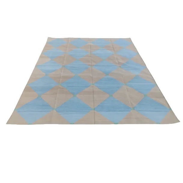 Handmade Cotton Area Rug Natural Vegetable Dyed Reversible Beige Blue Tile Pattern Rug - 9'x12' For Sale - Image 11 of 11