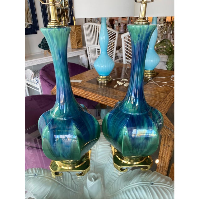 Vintage Pair of Blue Green Ceramic Table Lamps Brass Greek Key Base - a Pair For Sale - Image 11 of 11
