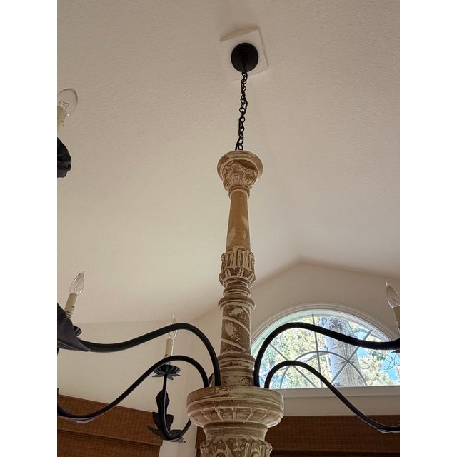 Antique White Spanish Colonial Style Iron & Carved Wood Five-Light Chandelier For Sale - Image 8 of 9